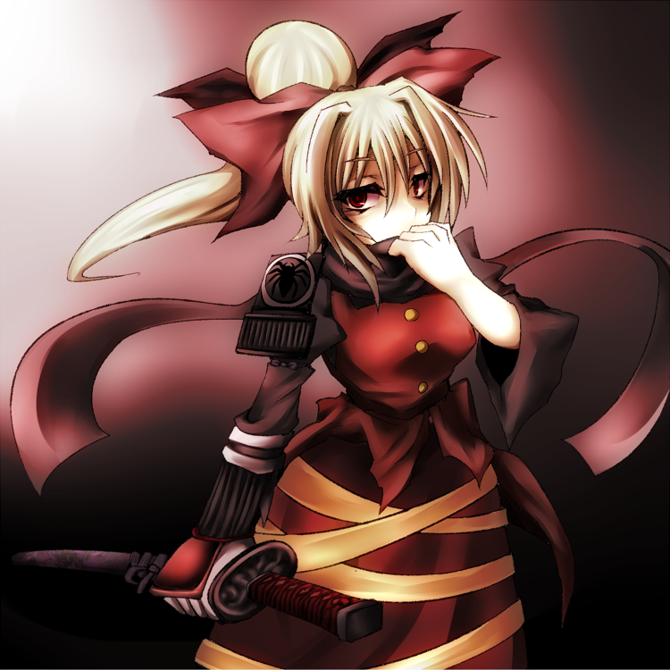 bad_id, blonde_hair, bow, katana, kurodani_yamame, long_hair, ponytail, red_eyes