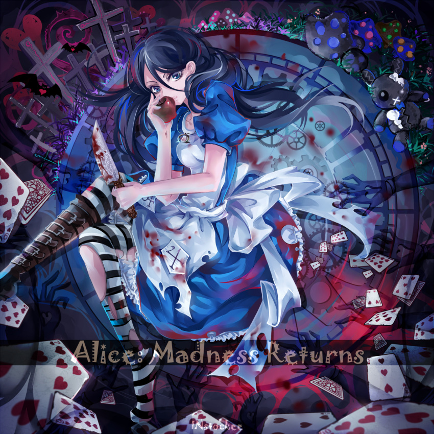 alice:_madness_returns, alice_(wonderland), alice_in_wonderland, american_mcgee's_alice, american_mcgee's_alice, apple, apron, bad_id, black_hair, blood, blue_eyes, boots, dress, food, fruit, highres, instocklee, jewelry, lips, long_hair, necklace, pantyhose, single_shoe, solo, striped, striped_legwear, torn_pantyhose