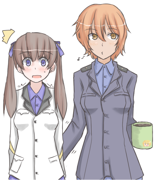 ass_grab, blue_eyes, blush, brown_hair, erica_hartmann, georgette_lemare, hakusen-hiki, strike_witches