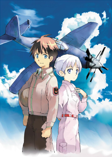 1girl, airplane, back-to-back, belt, blue_eyes, brown_hair, charles_karino, cloud, contra-rotating_propellers, fana_del_moral, hair_bun, hair_up, jumpsuit, lowres, ogawa_maiko, sky, to_aru_hikuushi_e_no_tsuioku, uniform, white_hair