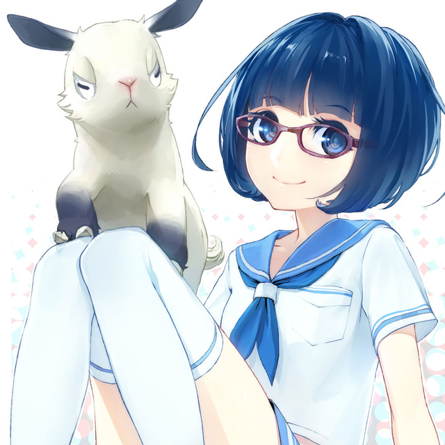 blue_eyes, glasses, goat, looking_at_viewer, sailorbon, school_uniform, serafuku, short_hair, smile, solo, thigh-highs, thighhighs, white_legwear, yahako