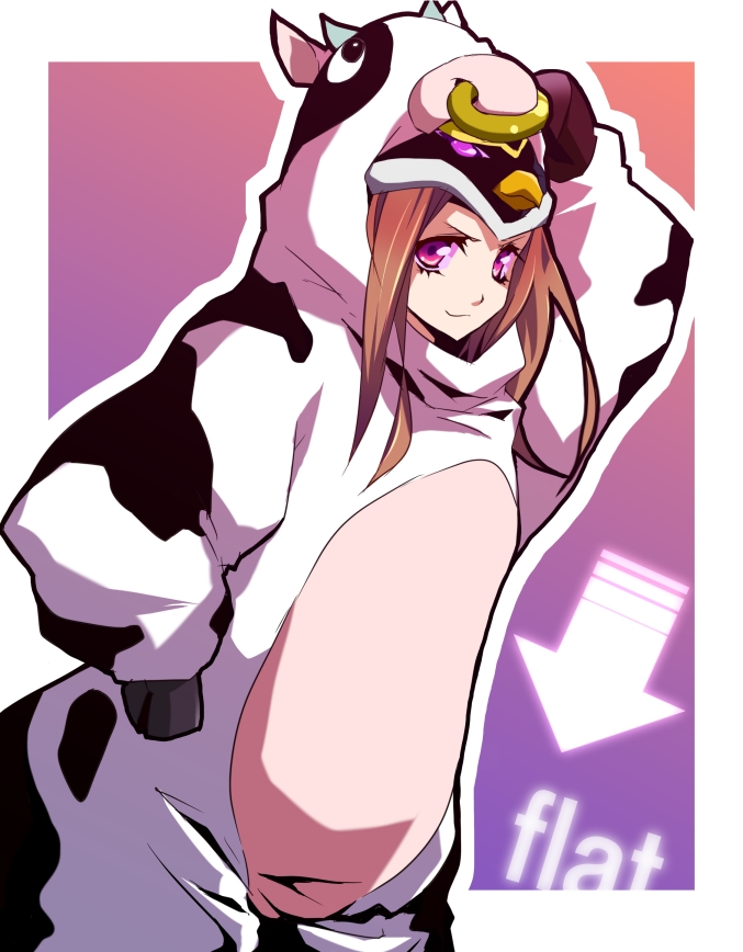 animal_hat, bird, brown_hair, cow_costume, directional_arrow, hat, hermmy, long_hair