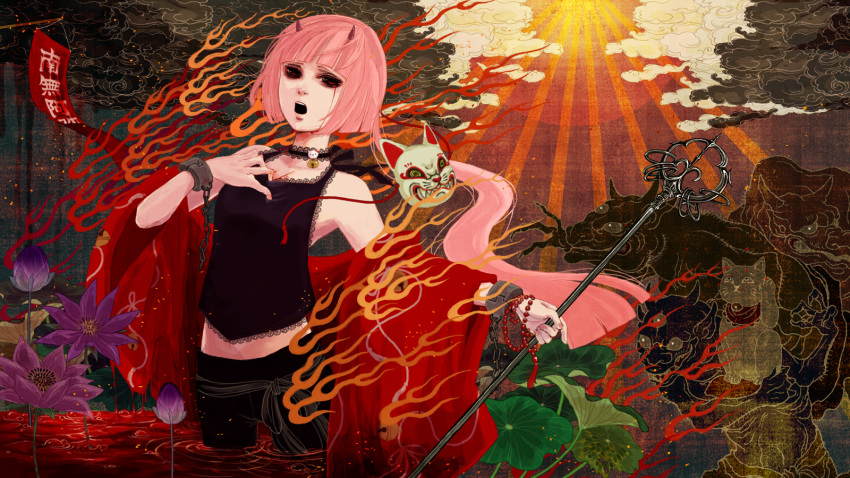 cuffs, flower, handcuffs, highres, horns, ine_(namichidori), jewelry, long_hair, mask, nekomura_iroha, open_mouth, pink_hair, ponytail, red_eyes, staff, vocaloid
