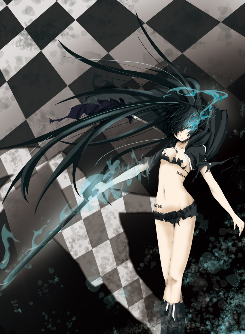 absurdres, bikini_top, black_hair, black_rock_shooter, black_rock_shooter_(character), black_rock_shooter_(game), blue_eyes, boots