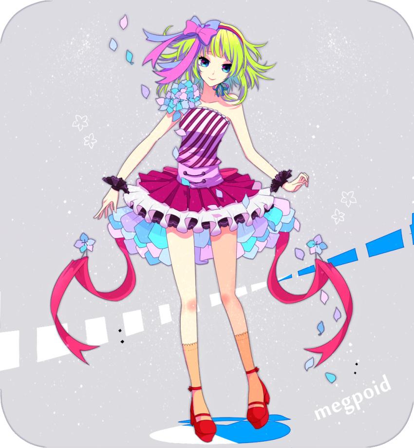 aqua_eyes, bow, flower, footwear, frills, green_hair, gumi, hair_bow, hairband, natsu_no_jin, petals, ribbon, shoes, short_hair, skirt, smile, socks, solo, vocaloid