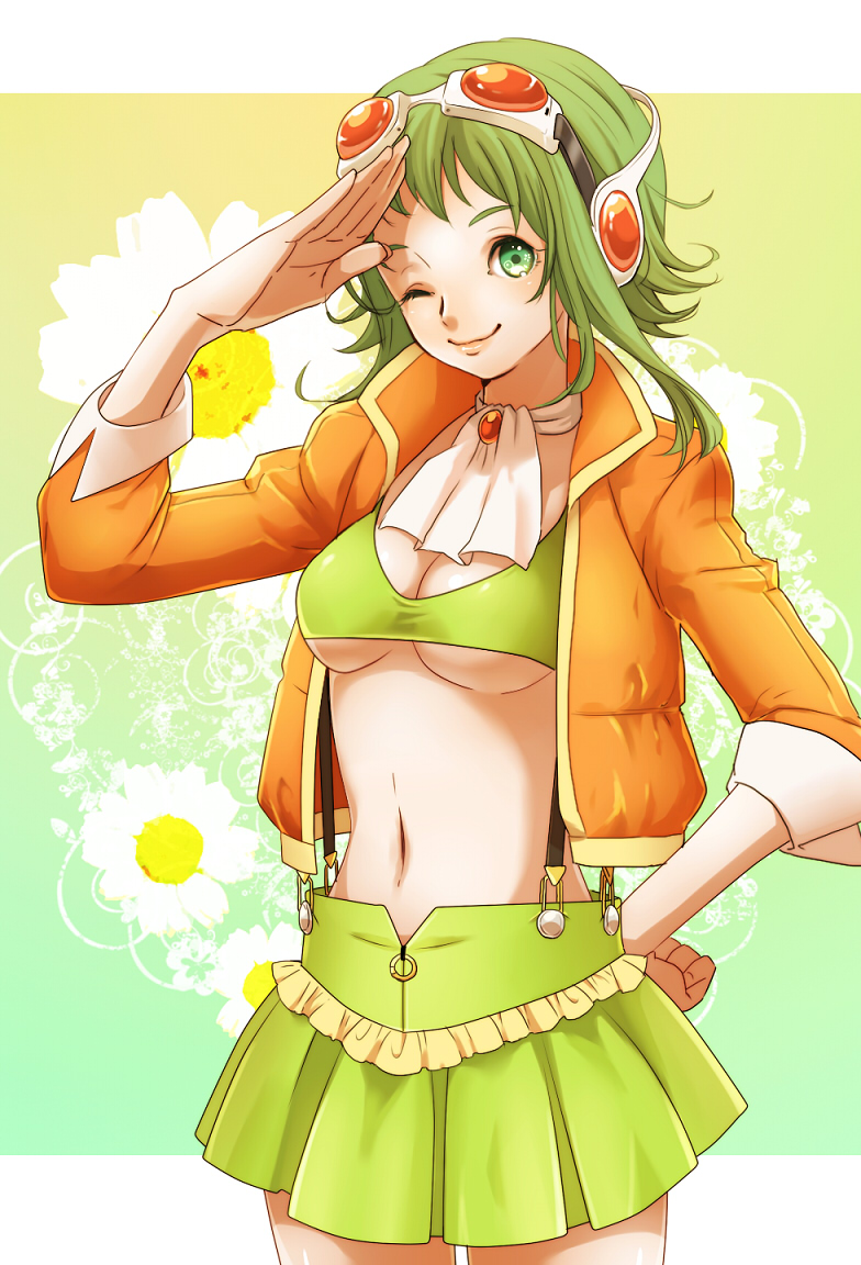 778-go, breasts, cleavage, flower, goggles, goggles_on_head, green_eyes, green_hair