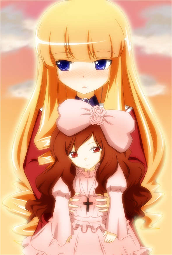 blue_eyes, blush, bow, brown_hair, doll, dress, hair_bow, kami_nomi_zo_shiru_sekai, kujou_tsukiyo, luna_(kaminomi), red_eyes, ringlets, school_uniform