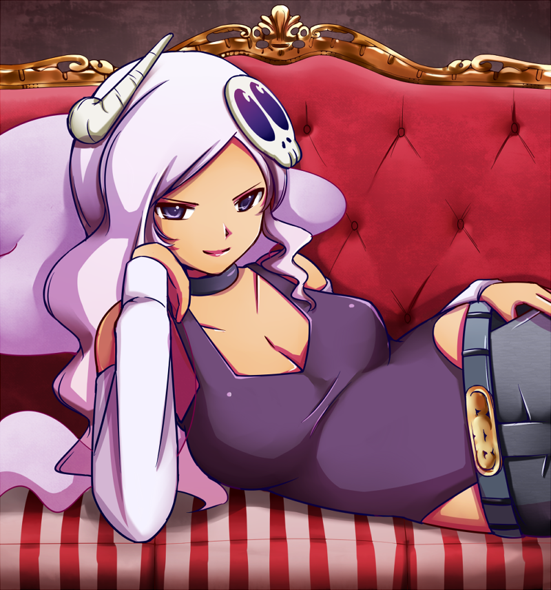 breasts, choker, cleavage, couch, dark_skin, hair_ornament, hand_on_chin, hand_on_hip