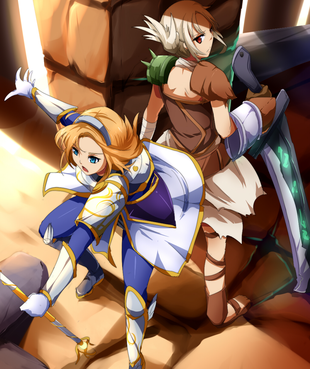 armor, back-to-back, bandage, bandages, belt, blonde_hair, feet, gauntlets, highres, huge_weapon, league_of_legends, luxanna_crownguard, multiple_girls, riven_(league_of_legend), riven_(league_of_legends), sandals, short_hair, shoulder_pads, sword, toes, umakatsuhai, weapon, white_hair