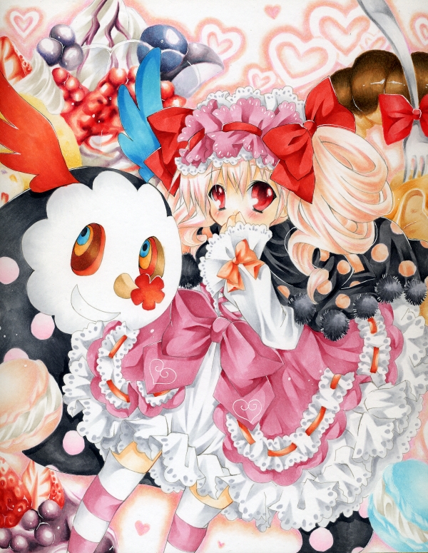 charlotte_(madoka_magica), dress, drill_hair, kuroneko0202, magical_girl, mahou_shoujo_madoka_magica, marker_(medium), personification, pink_hair, striped, striped_legwear, sweets, thigh-highs, thighhighs, traditional_media, twin_drills