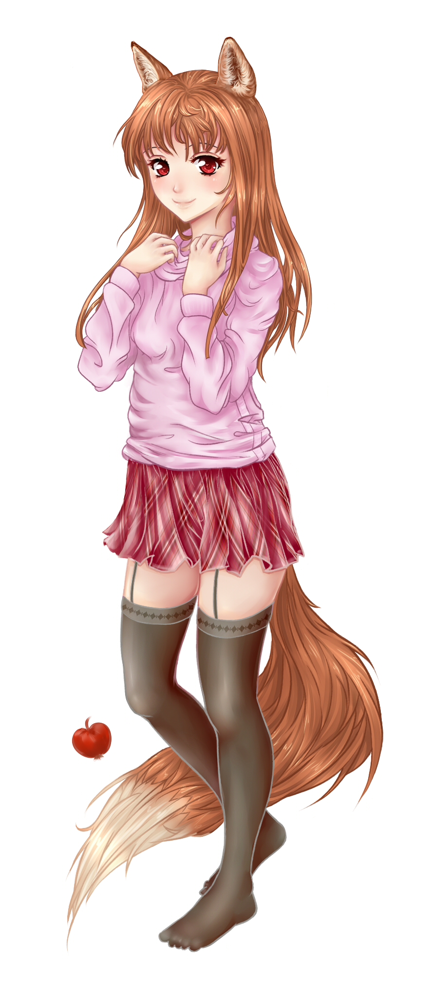 apple, brown_eyes, brown_hair, drawfag, elaizy, food, fruit, garter_straps, highres, holo, horo, long_hair, no_shoes, red_eyes, skirt, spice_and_wolf, straight_hair, sweater, tail, thigh-highs, thighhighs, wolf_ears, wolf_tail, zettai_ryouiki