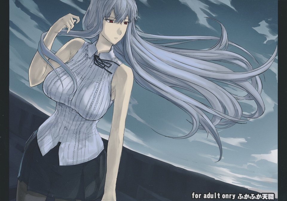 bare_shoulders, breasts, doujinshi, engrish, fura, huge_breasts, impossible_clothes, impossible_clothing