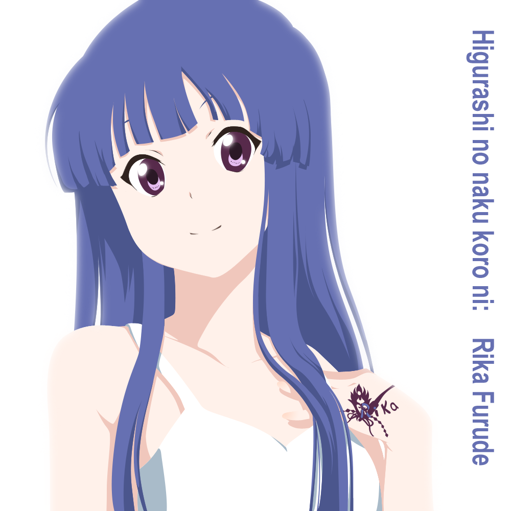 aquilix, art_style_parody, blue_hair, camisole, cover_art, crossover, dress, furude_rika