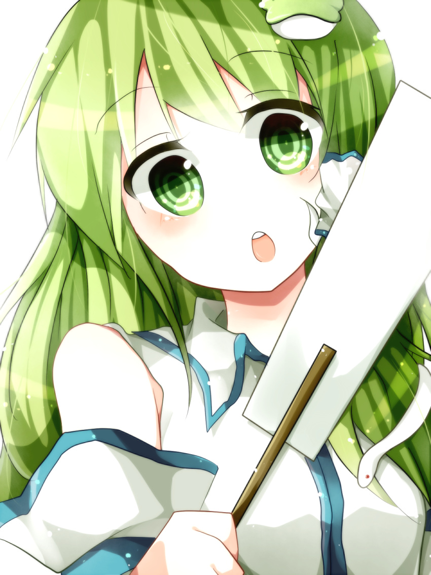 blush, bust, detached_sleeves, face, frog, gohei, green_eyes, green_hair, hair_ornament, hair_tubes, hanaon, highres, kochiya_sanae, long_hair, open_mouth, smile, snake, solo, touhou