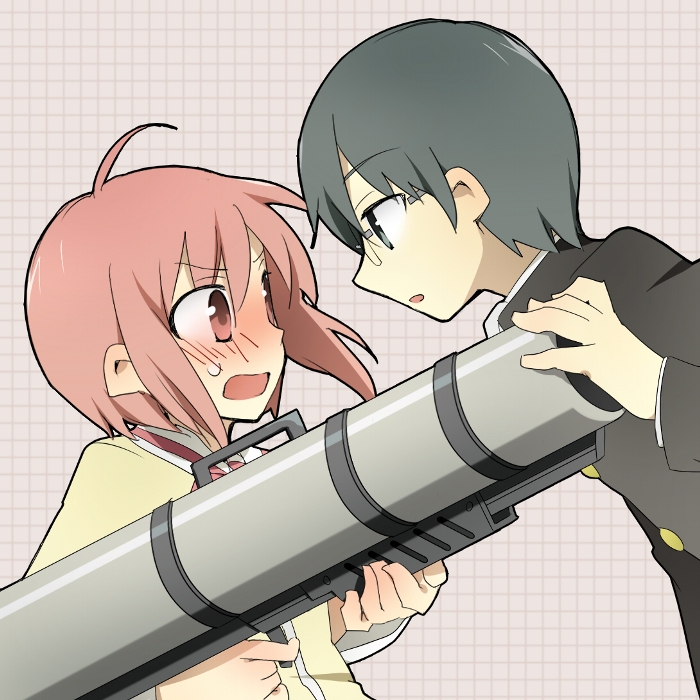 1girl, bazooka, bespectacled, black_hair, blush, brown_hair, full-face_blush, glasses