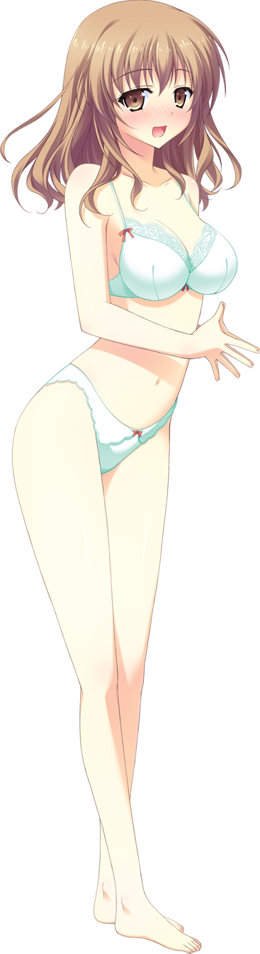 artist_request, barefoot, blush, bra, breasts, brown_eyes, brown_hair, cleavage, collarbone, feet, hands, highres, kusakabe_miharu, lingerie, long_hair, midriff, navel, panties, smile, solo, source_request, steepled_fingers, sucre, transparent_background, underwear, white_panties