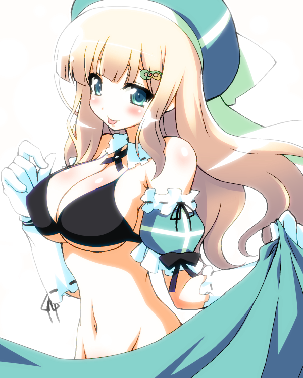 :p, aqua_eyes, artist_request, black_bikini, blonde_hair, blush, bra, breasts, chirorian, cleavage, detached_collar, gloves, hat, lingerie, long_hair, mound_of_venus, navel, no_panties, puffy_sleeves, senran_kagura, source_request, tongue, underboob, underwear, undressing, white_gloves, yomi_(senran_kagura)