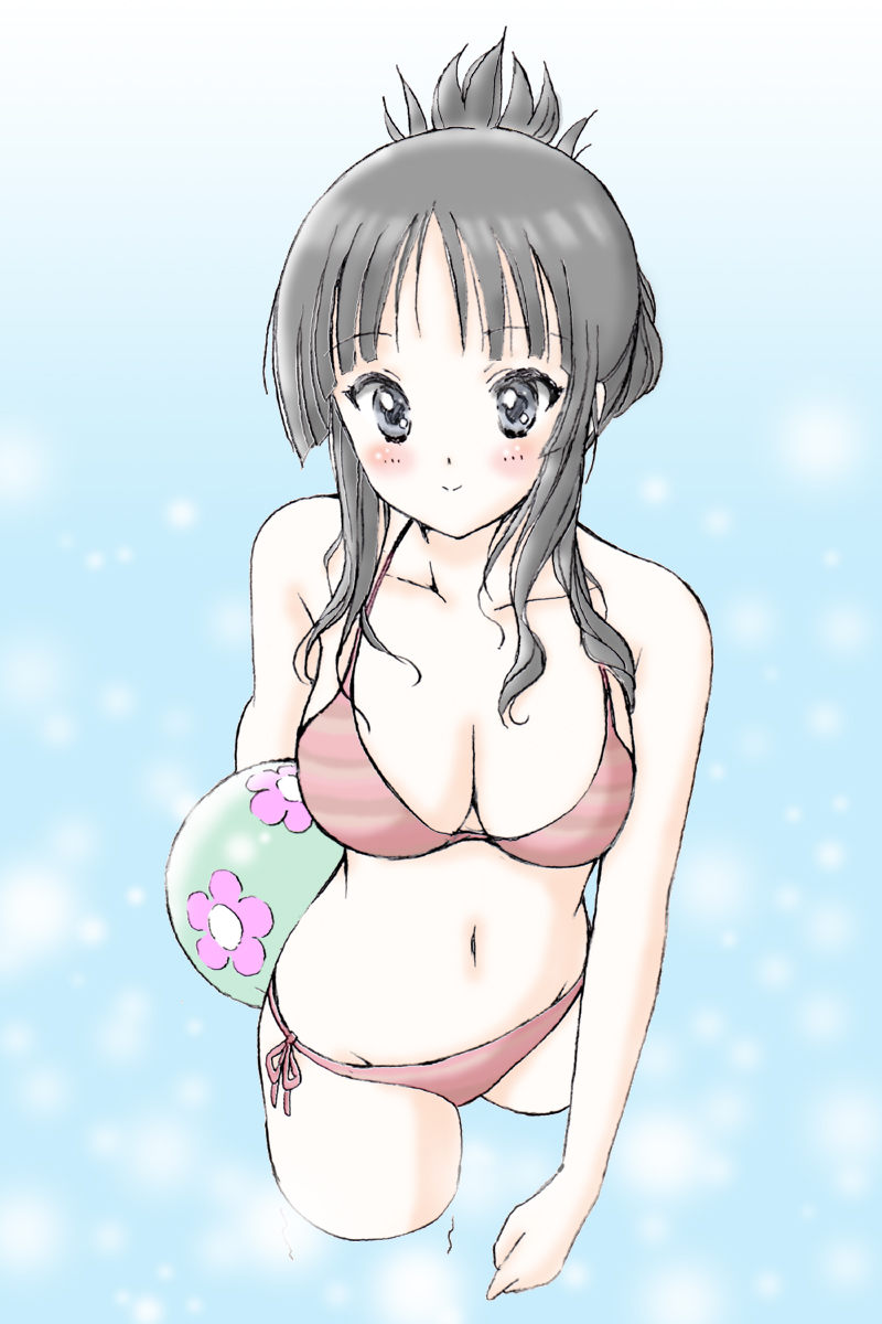 ball, bikini, black_eyes, black_hair, bluez, blush, breasts, cleavage