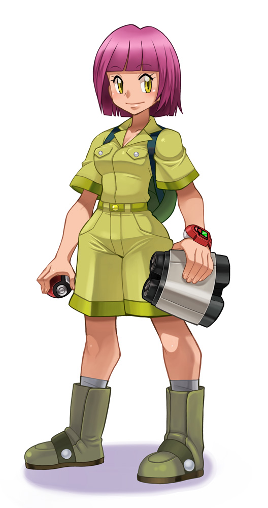backpack, bag, bangs, binoculars, blunt_bangs, bob_cut, boots, holding, holding_poke_ball, poke_ball, pokemon, pokemon_(anime), poketch, purple_hair, ryunryun, short_hair, simple_background, smile, solo, watch, white_background, wristwatch, yellow_eyes, yukari_(pokemon)