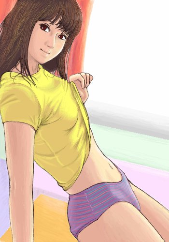 artist_request, brown_hair, lowres, navel, original, panties, shirt_lift, striped, striped_panties, tondabayashi, underwear