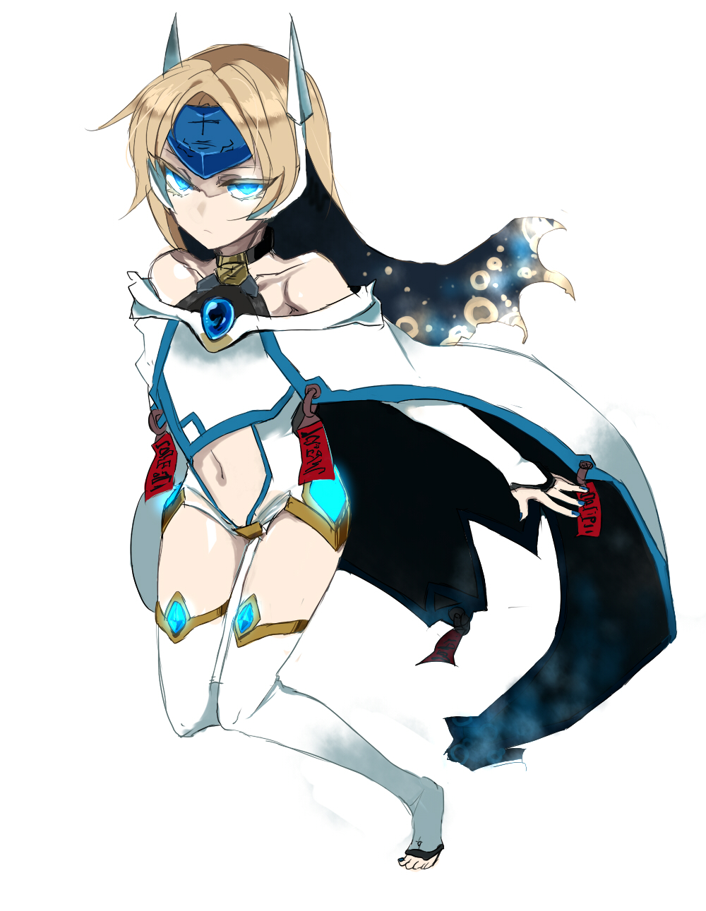 ayafutene, bad_id, bare_shoulders, blazblue, blonde_hair, blue_eyes, bridal_gauntlets, cape