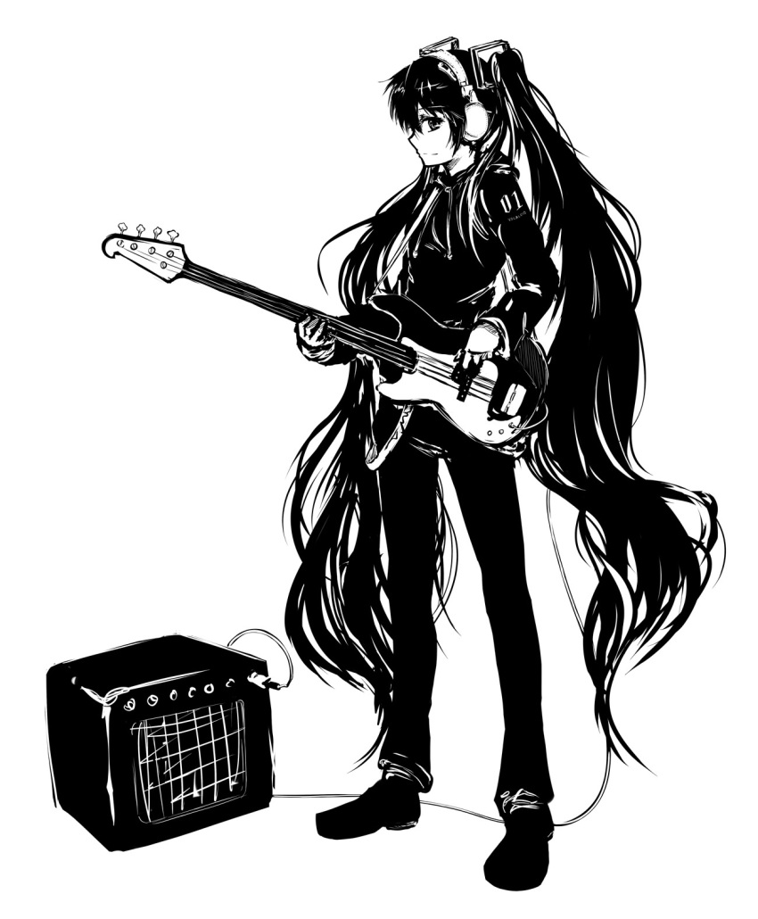 audio-technica, bass_guitar, hair_ornament, hatsune_miku, headphones, highres, hoodie, instrument