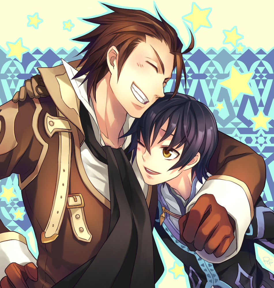 alvin_(tales_of_xillia), black_hair, brown_hair, gloves, grin, jude_mathis, male, minamigahara