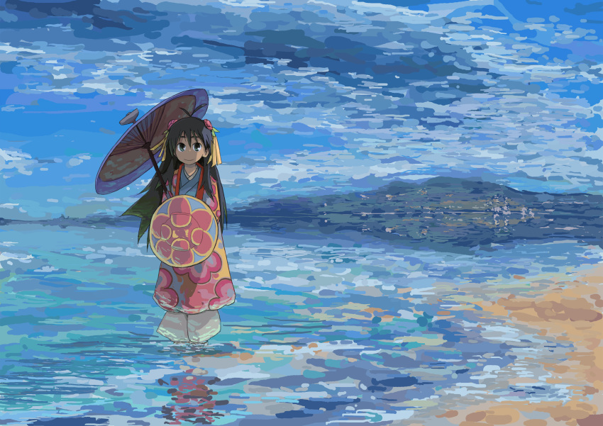 antenna_hair, beach, ganaha_hibiki, green_eyes, hair_ornament, highres, idolmaster, japanese_clothes