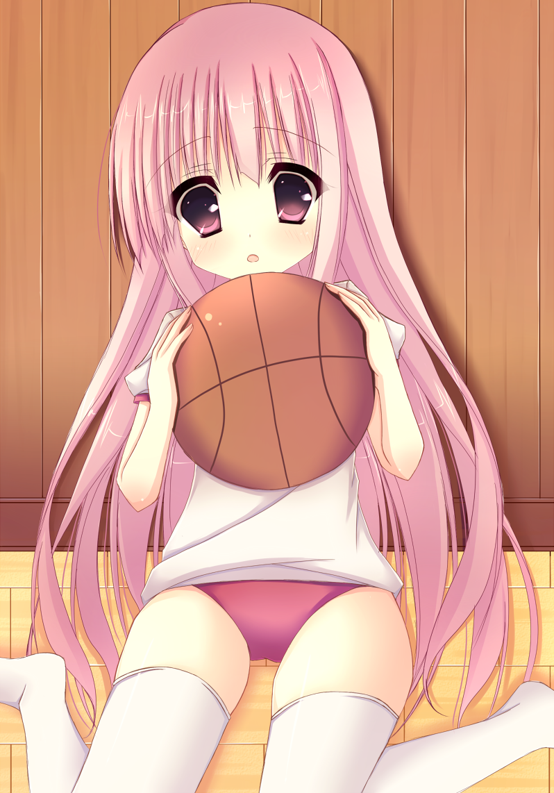 basketball, buruma, gym_uniform, hakamada_hinata, hayuki_hayu, long_hair, pink_eyes, pink_hair, ro-kyu-bu!, rou-kyuu-bu!, sitting, thigh-highs, thighhighs, very_long_hair