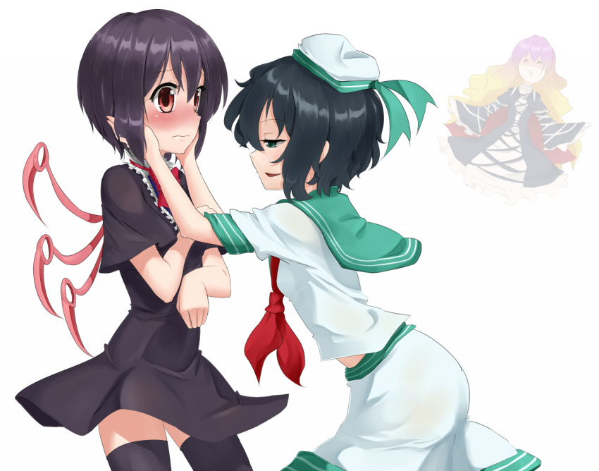 black_hair, blush, green_eyes, hands_on_another's_cheeks, hands_on_another's_face, hands_on_cheeks, hat, hijiri_byakuren