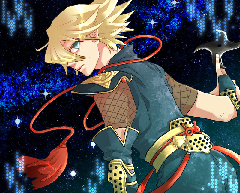 blonde_hair, blue_eyes, dutch_angle, male, origami_cyclone, short_hair, shuriken, solo, superhero, takumitsu, tiger_&amp;_bunny, weapon