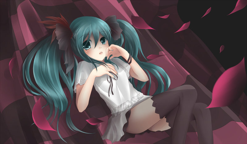 checkered, green_eyes, green_hair, hair_ribbon, hatsune_miku, long_hair, niaro, on_back