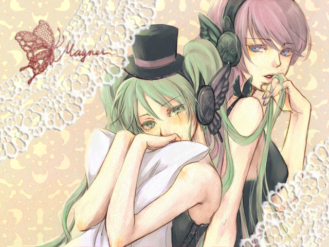 butterfly_hair_ornament, cheri, green_eyes, green_hair, hair_ornament, hat, hatsune_miku, long_hair