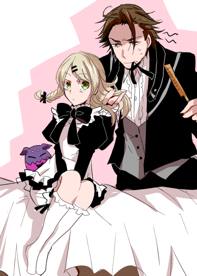 1girl, alvin_(tales_of_xillia), apper500, blonde_hair, bow, braid, brown_eyes, brown_hair, comb, creature, dress, elise_lutas, elise_lutus, formal, green_eyes, kneehighs, long_hair, mouth_hold, ribbon, suit, tales_of_(series), tales_of_xillia, tipo_(xillia), tippo, v_arms, white_legwear