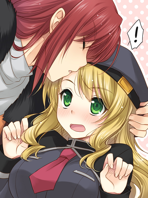 1boy, 1girl, 2girls, blonde_hair, blush, bust, character_request, closed_eyes, couple, eiyuu_densetsu, embarrassed, eyes_closed, falcom, fingernails, forehead_kiss, green_eyes, hand_behind_head, hand_in_hair, hands, hat, kiss, long_hair, mireille_(eiyuu_densetsu), multiple_girls, necktie, on_back, polka-dot_background, polka_dot, polka_dot_background, randy_orlando, red_hair, redhead, saeki_hokuto, surprised, uniform, zero_no_kiseki