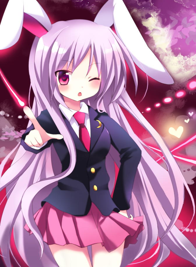 animal_ears, bad_id, blush, bunny_ears, finger_gun, heart, long_hair, mayo_(miyusa)