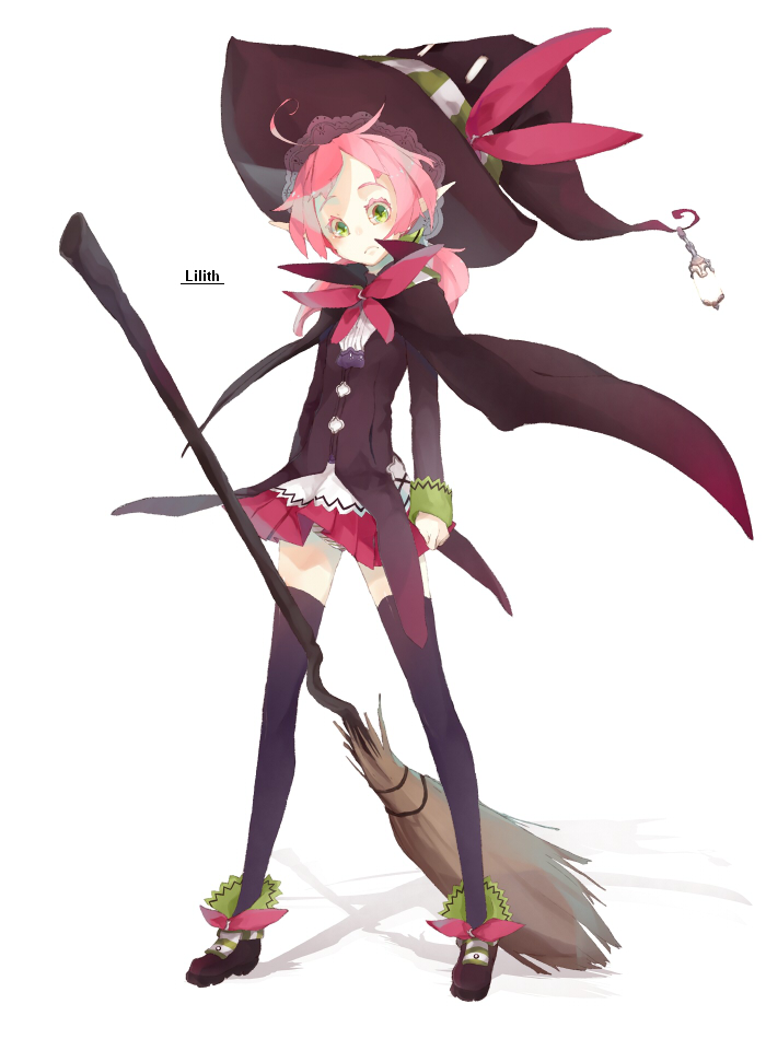 a_box, bow, broom, cape, green_eyes, hat, looking_at_viewer, original