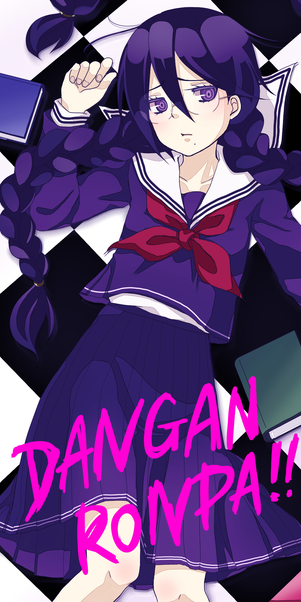 braid, dangan-ronpa, dangan_ronpa, fukawa_touko, glasses, highres, kuruchi, mole, on_back, purple_eyes, purple_hair, school_uniform, serafuku, solo, twin_braids, violet_eyes