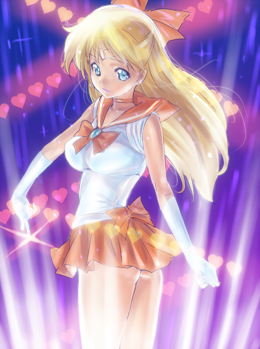 aino_minako, ass, bishoujo_senshi_sailor_moon, blonde_hair, blue_eyes, bow, choker, circlet, dodai_shouji, earrings, elbow_gloves, gloves, hair_bow, heart, highres, jewelry, long_hair, looking_at_viewer, magical_girl, sailor_venus, sho~taro, solo, standing, tiara, too_many_hearts