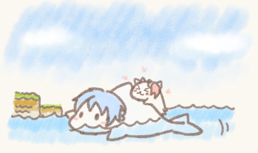 >_<, :3, animalization, blue_hair, dolphin, gomadoka, hair_ribbon, heart
