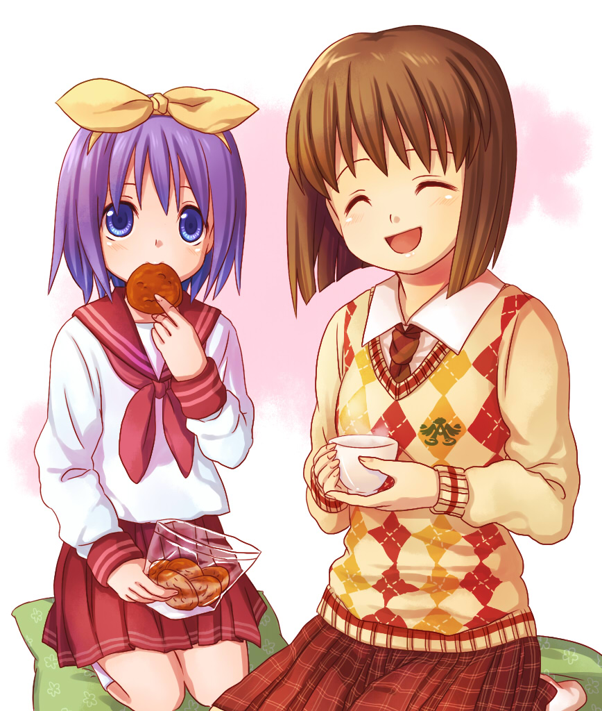 bad_id, blue_eyes, brown_hair, closed_eyes, college_of_angel_(idolmaster), cookie, crossover, cup, cushion, eating, food, hagiwara_yukiho, hiiragi_tsukasa, idolmaster, kneeling, lucky_star, noel_(artist), plaid, plaid_skirt, purple_hair, school_uniform, serafuku, short_hair, skirt, sweater, sweater_vest, teacup
