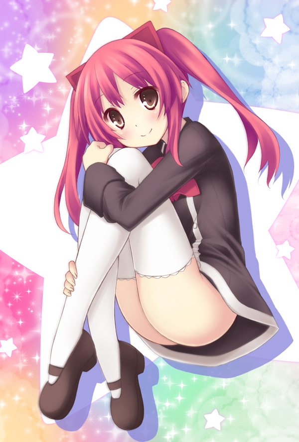 blush, bow, brown_hair, curve_of_ass, hair_bow, leg_hug, long_hair, looking_at_viewer