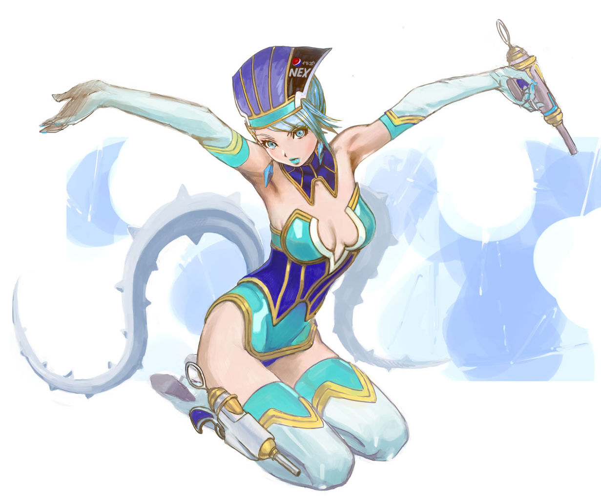 \o/, armpits, arms_up, bare_shoulders, blue_eyes, blue_hair, blue_rose_(tiger_&amp;_bunny), boots