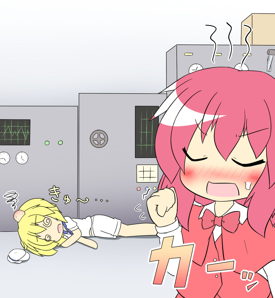 @_@, blonde_hair, blush, bow, clenched_hand, closed_eyes, dress_shirt, fist