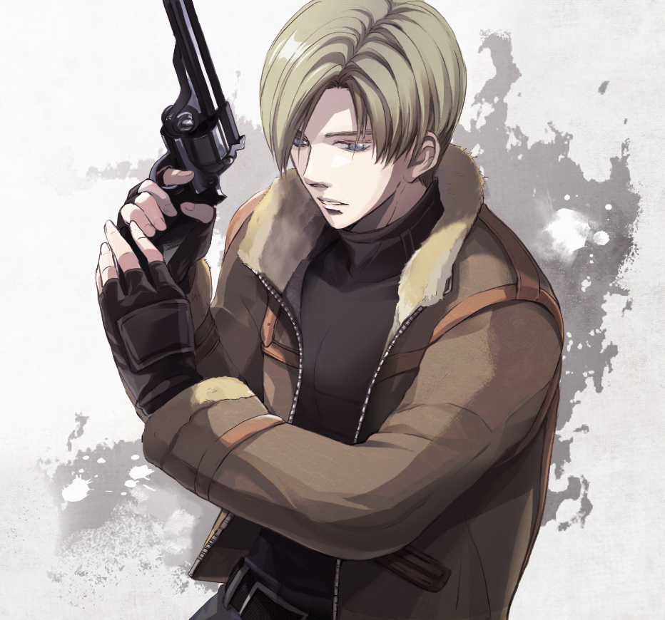blue_eyes, brown_hair, chiya_(sere1), fingerless_gloves, gloves, gun, jacket, leon_s_kennedy
