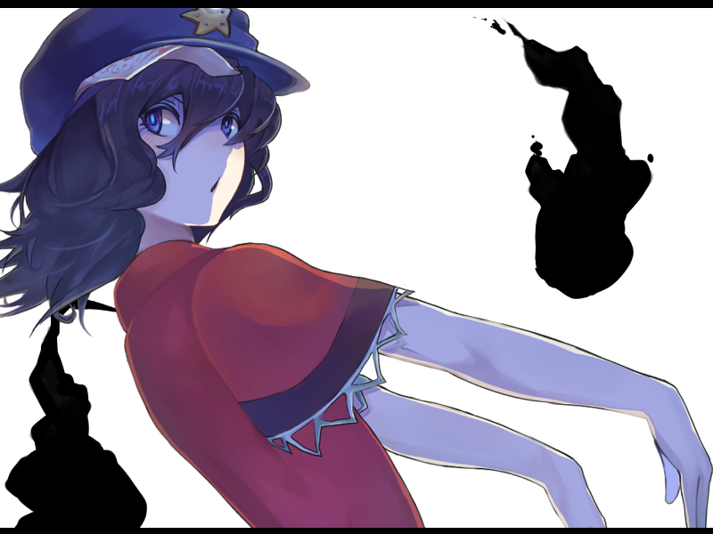 black_hair, blue_eyes, blue_hair, ginichi_(toot08), hat, miyako_yoshika, outstretched_arms, short_hair