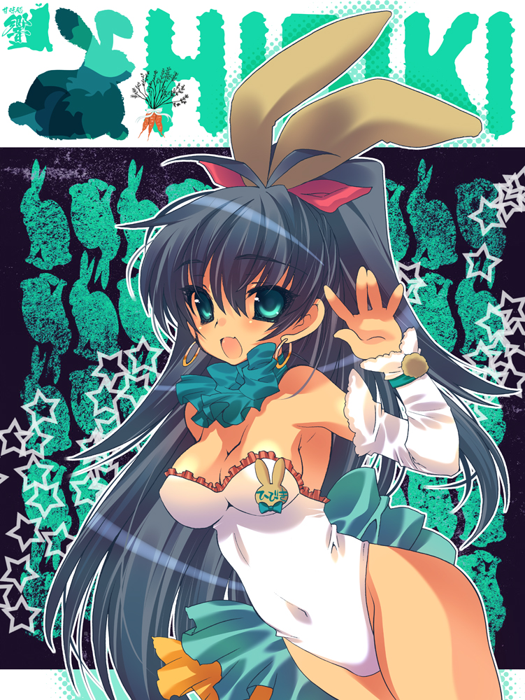 bare_legs, black_hair, blue_eyes, breasts, bunny, bunny_ears, bunny_girl, bunnysuit