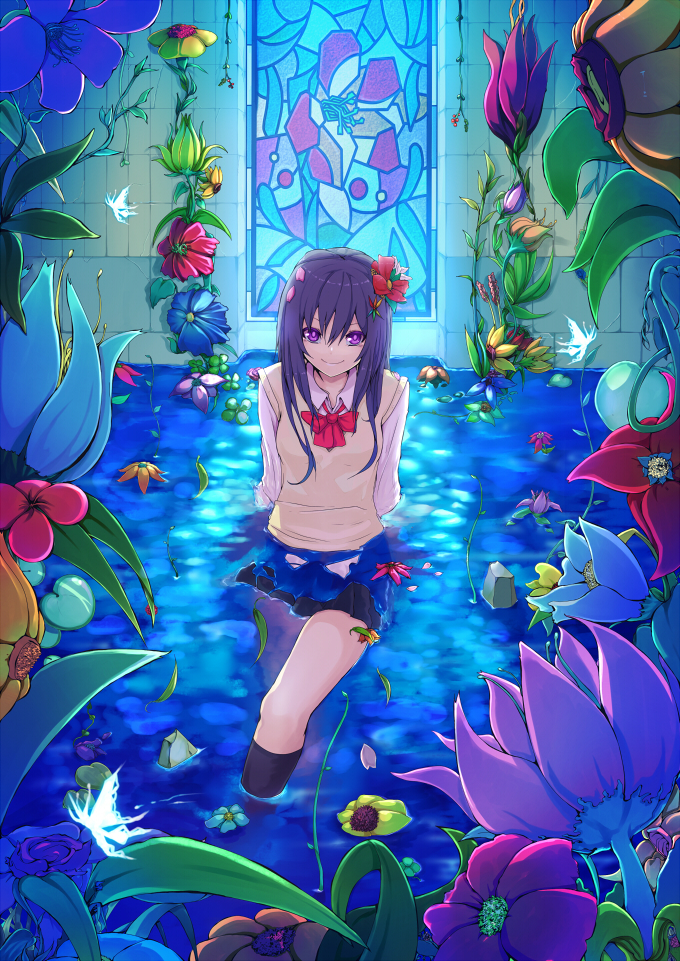 arm_support, black_hair, butterfly, female, flower, ginichi_(toot08), hair_flower, hair_ornament