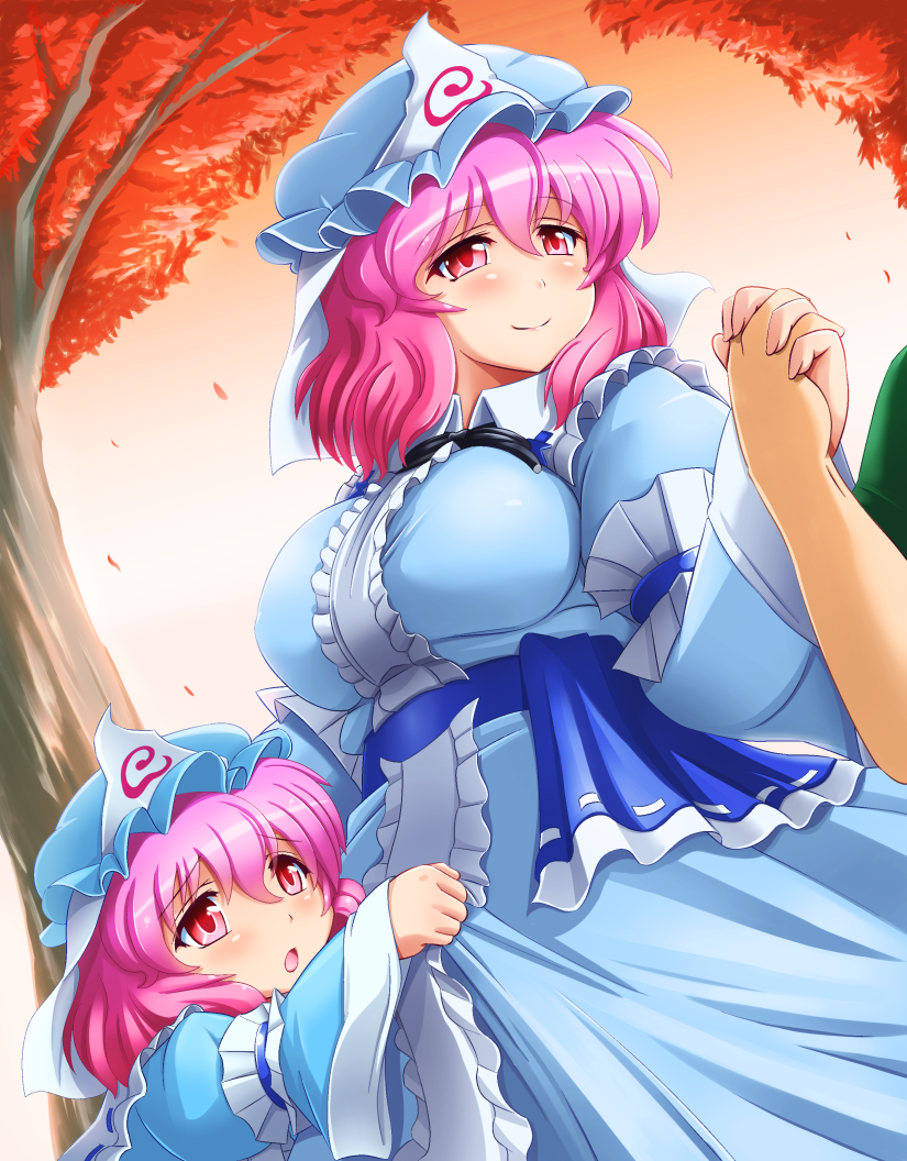 2girls, age_difference, breasts, child, dress, hand_holding, hat, holding_hands