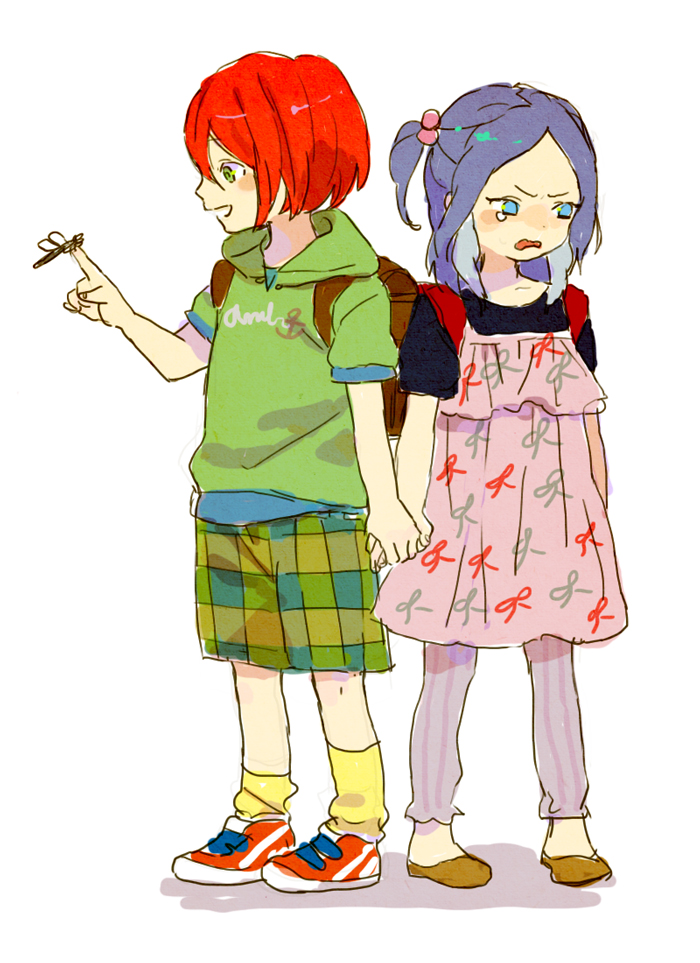 blue_hair, child, dragonfly, green_eyes, hand_holding, holding_hands, inazuma_eleven, inazuma_eleven_(series)